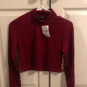 Red Ribbed Cropped Mock Neck